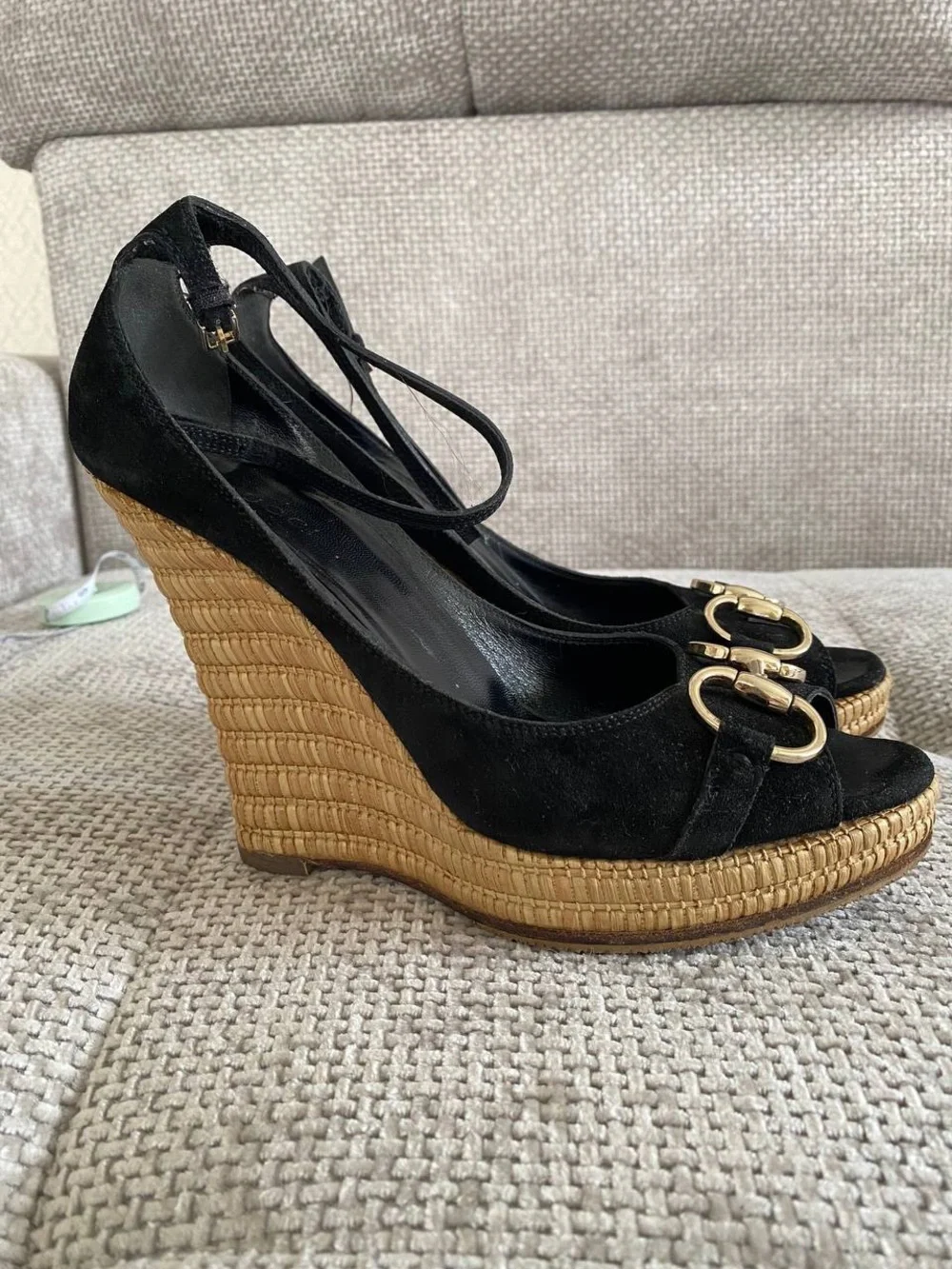 Gucci Black Suede Horsebit Wedge Espadrille Platform Sandals
